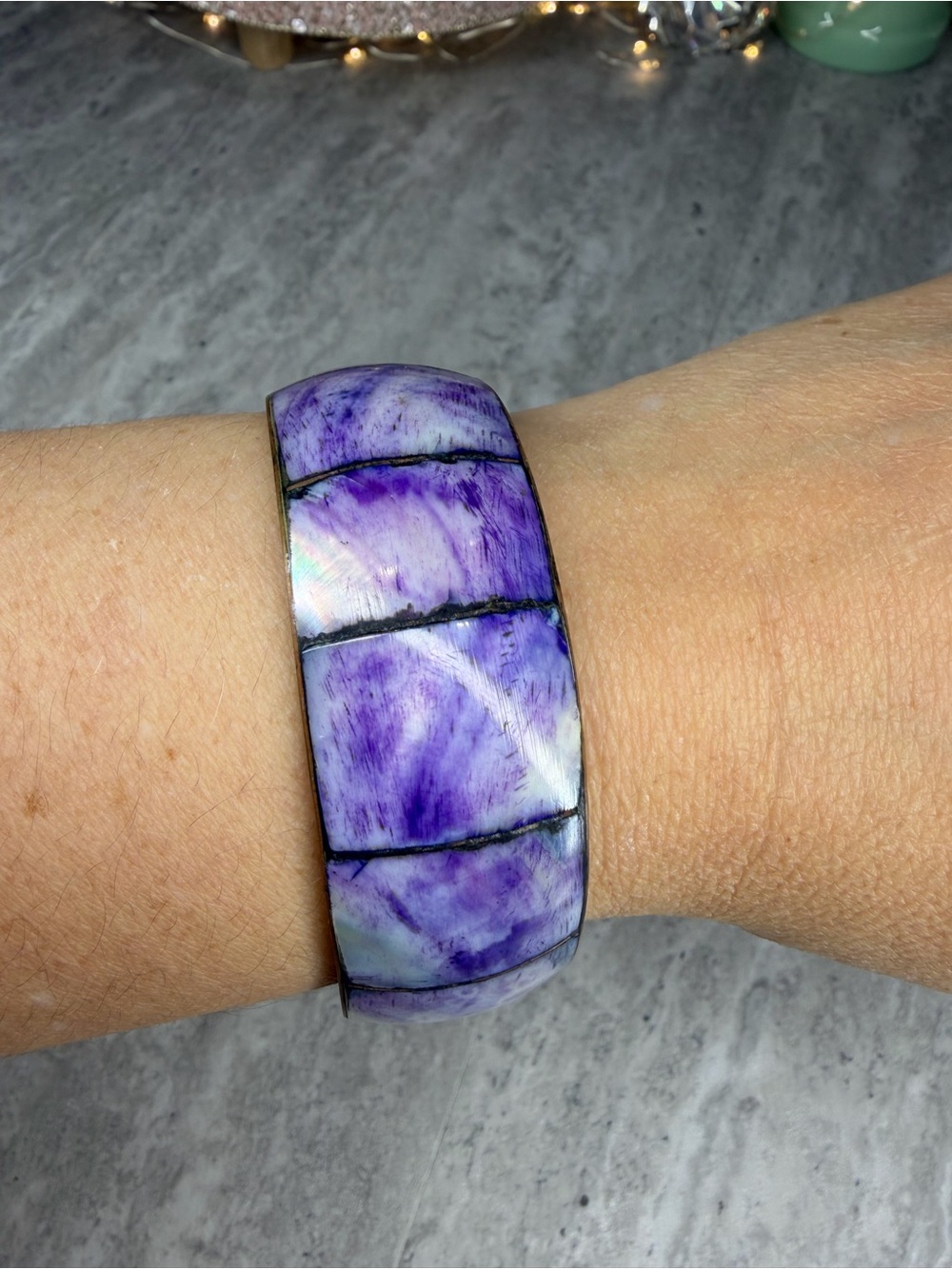 Vintage Bangle Brass Shell Inlaid Purple Bracelet Jewelry Summer Colorful